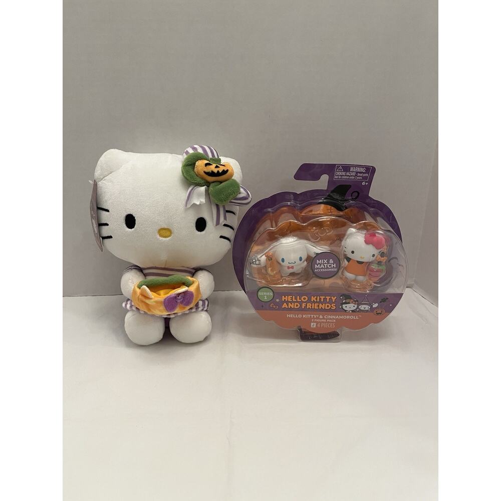 Lot Of 2 Halloween Hello Kitty Plush & 2 Figure Pack Cinnamoroll Hello Kitty
